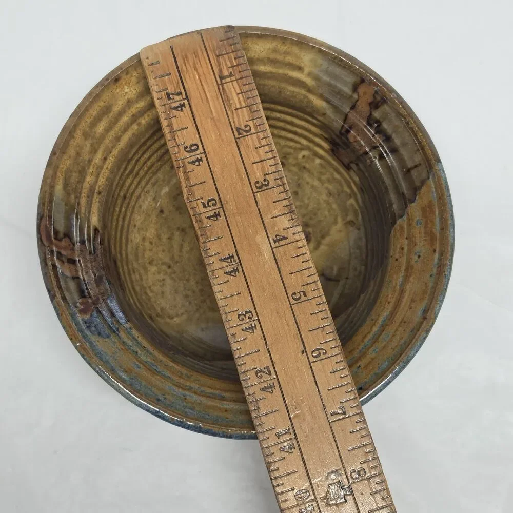 Vintage Studio Pottery Bowl Artist Signed Tan Blue Glazed Cottagecore